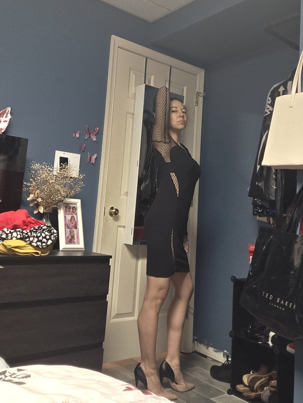 Guess Black Long-Sleeve Mesh Panel Bodycon Dress